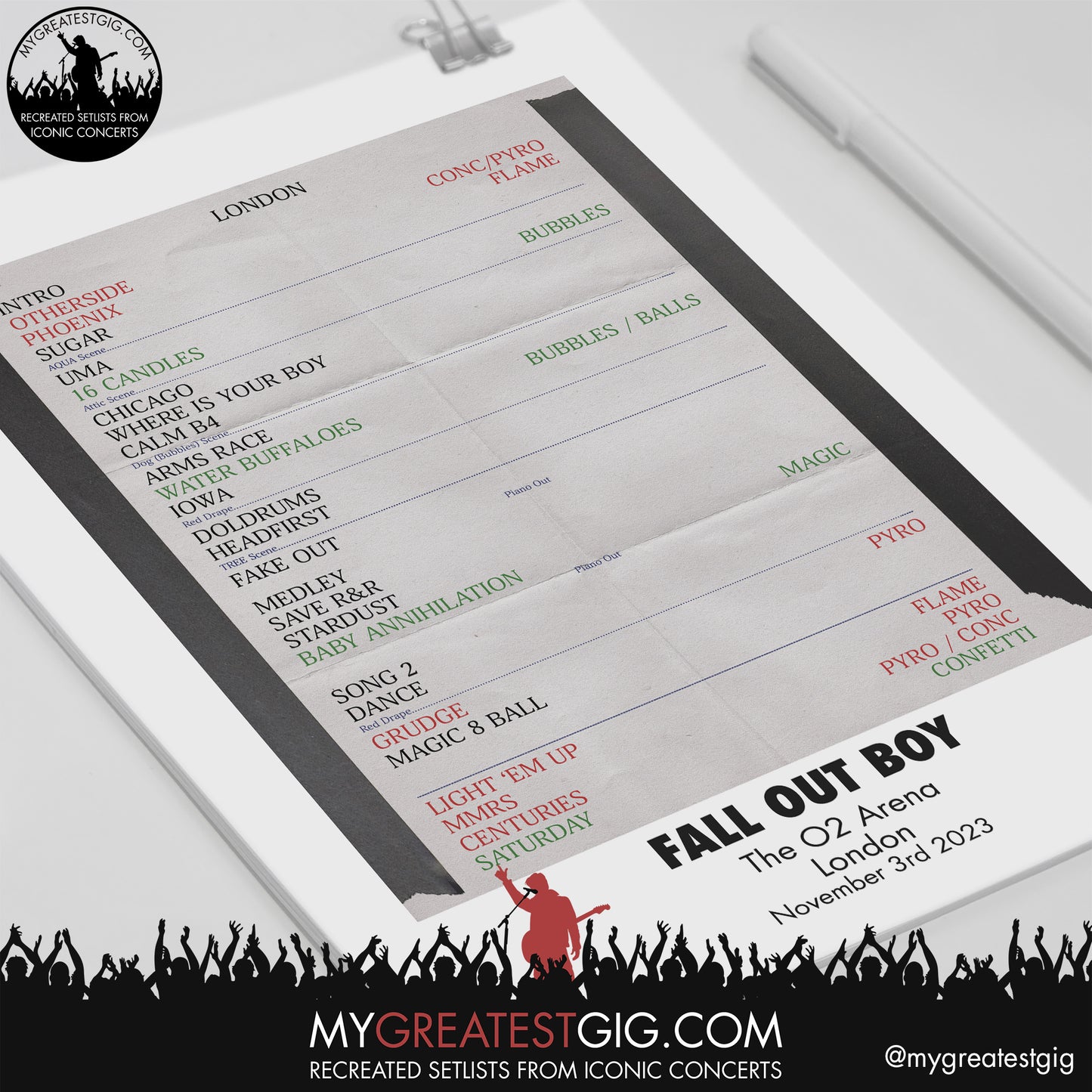 Fall Out Boy - London - November 3rd 2023 Recreated Setlist Poster