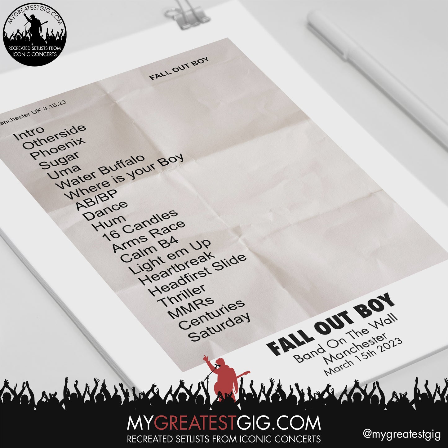 Fall Out Boy - Manchester - March 15th 2023 Recreated Setlist Poster