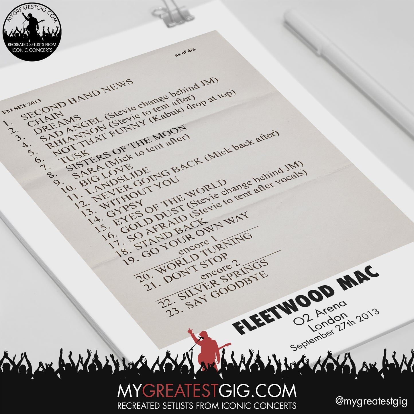 Fleetwood Mac - London - September 27th 2013 Recreated Setlist Poster
