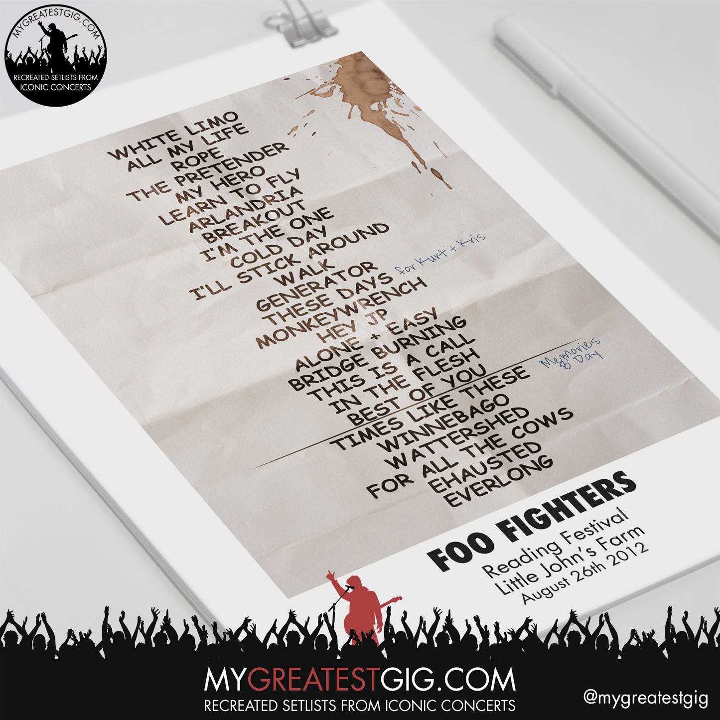 Foo Fighters - Reading Festival - August 26th 2012 Recreated Setlist Poster