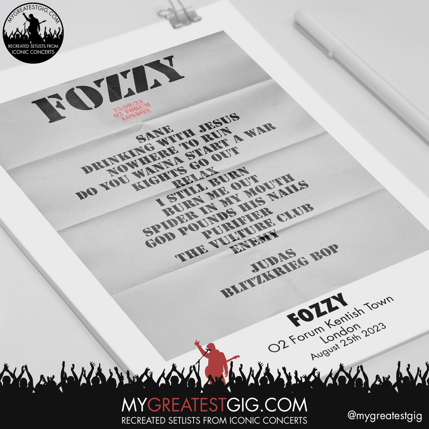 Fozzy - London - August 25th 2023 Recreated Setlist Poster