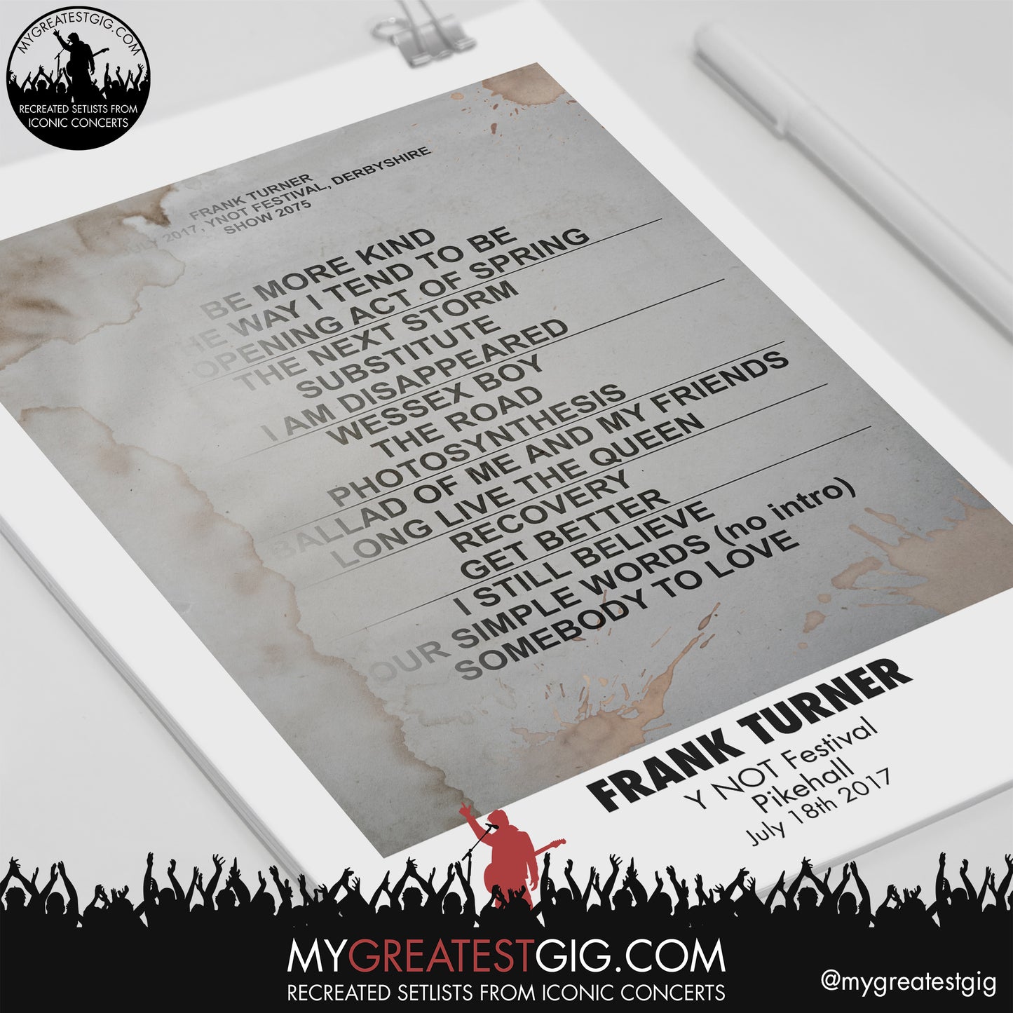 Frank Turner - Y NOT Festival - July 18th 2017 Replica Setlist Poster