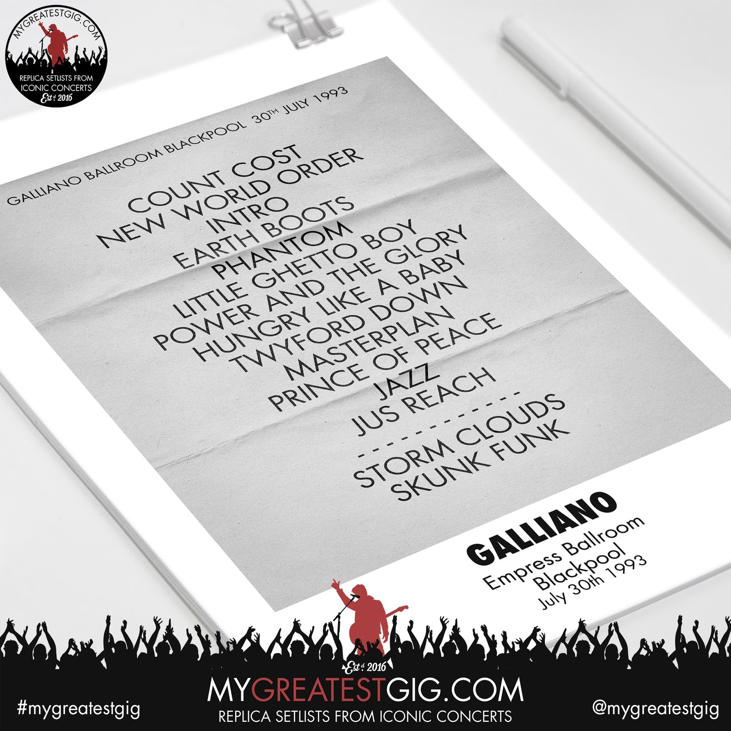 Galliano - Blackpool - July 30th 1993 Replica Setlist Poster