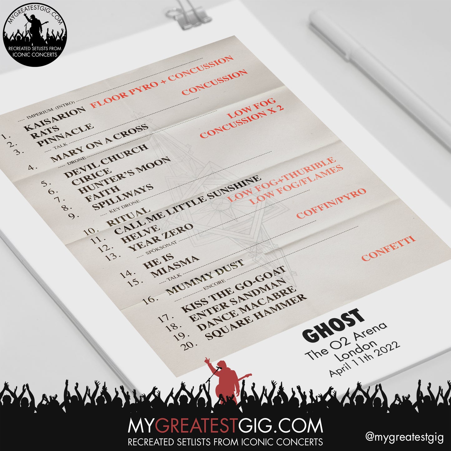 Ghost - London - April 11th 2022 Recreated Setlist Poster