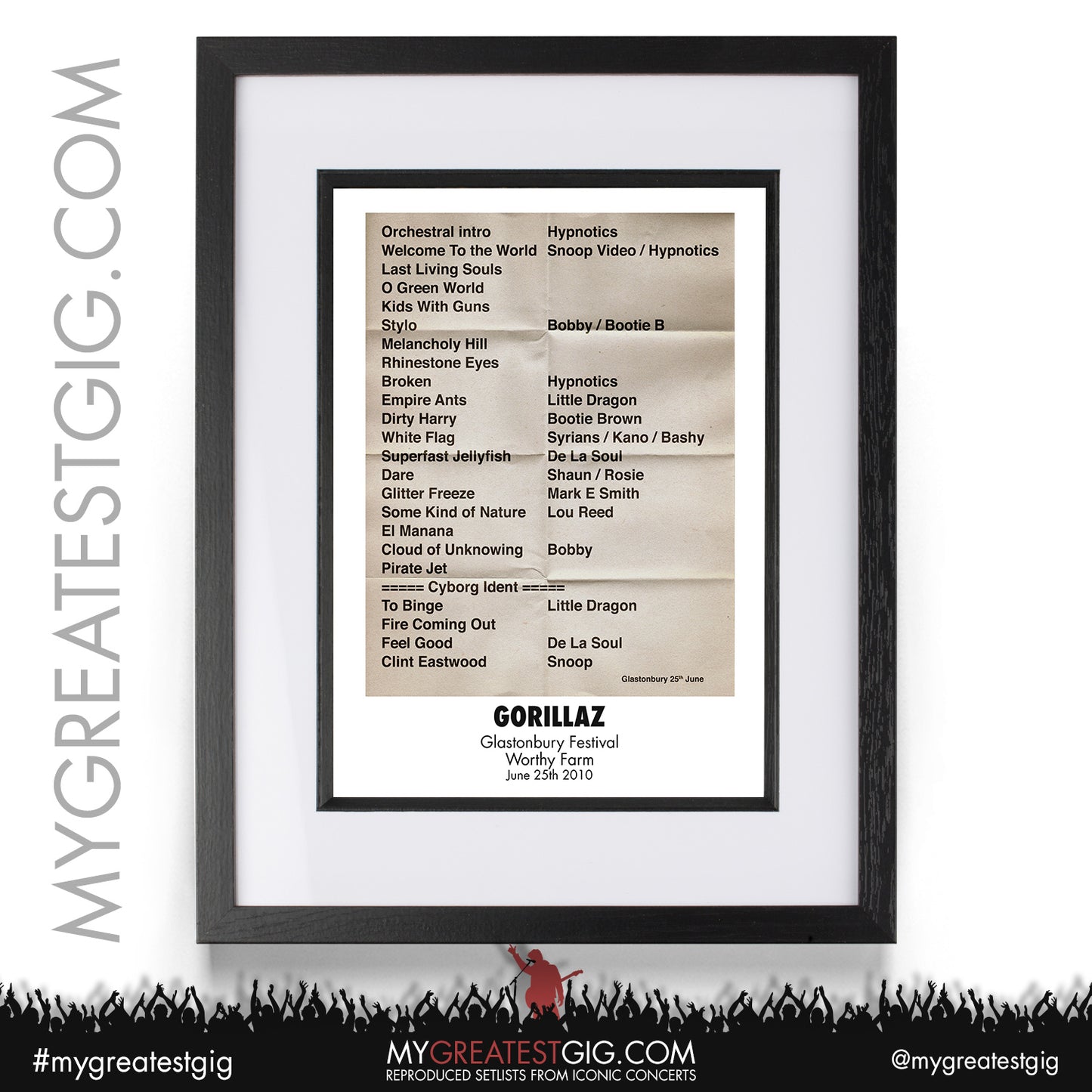 Gorillaz - Glastonbury Festival - June 25th 2010 Recreated Setlist Poster