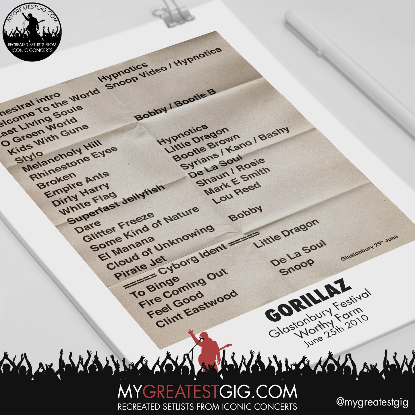 Gorillaz - Glastonbury Festival - June 25th 2010 Recreated Setlist Poster