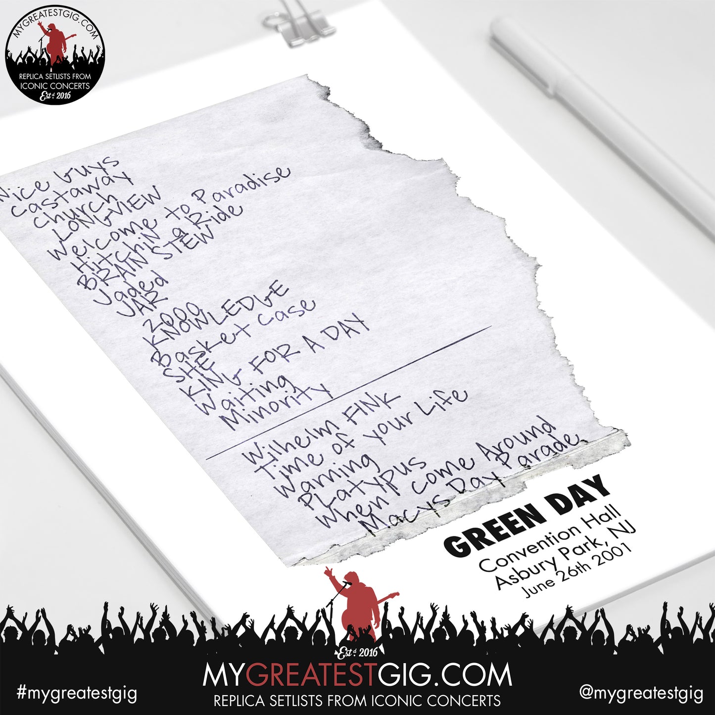 Green Day - Asbury Park - June 26th 2001 Replica Setlist Poster