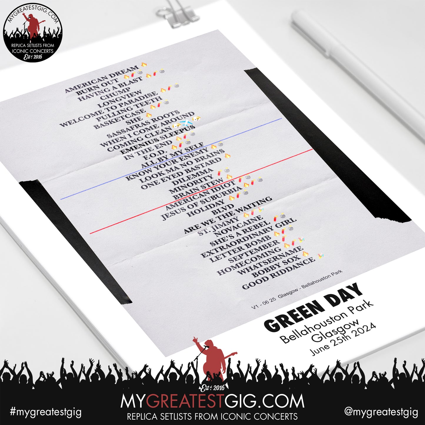 Green Day - Glasgow - June 25th 2024 Replica Setlist Poster