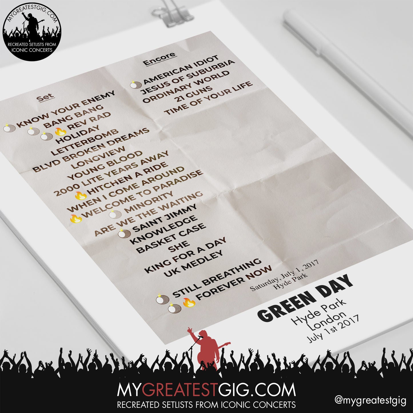 Green Day - London - July 1st 2017 Recreated Setlist Poster