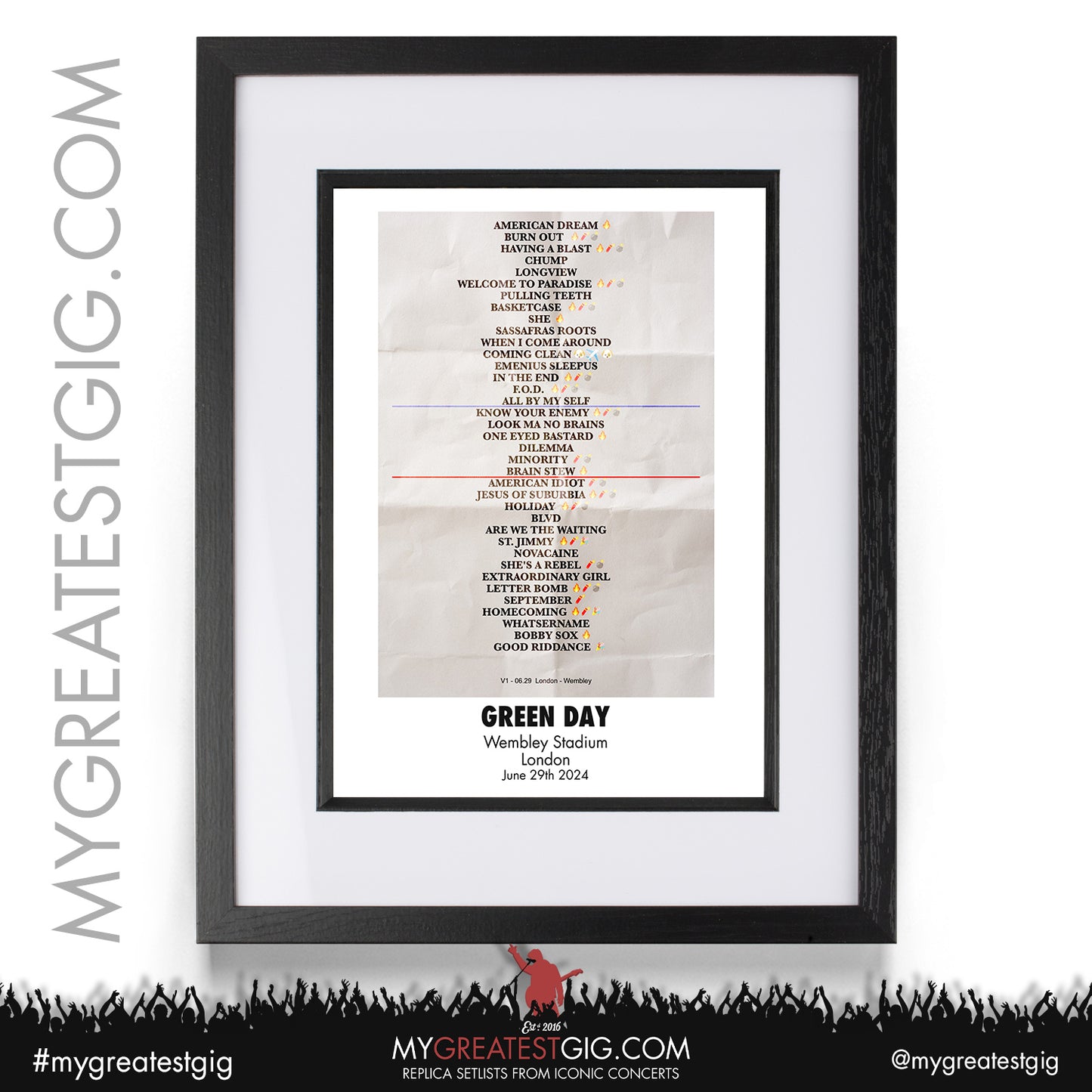 Green Day - Wembley Stadium - June 29th 2024 Replica Setlist Poster