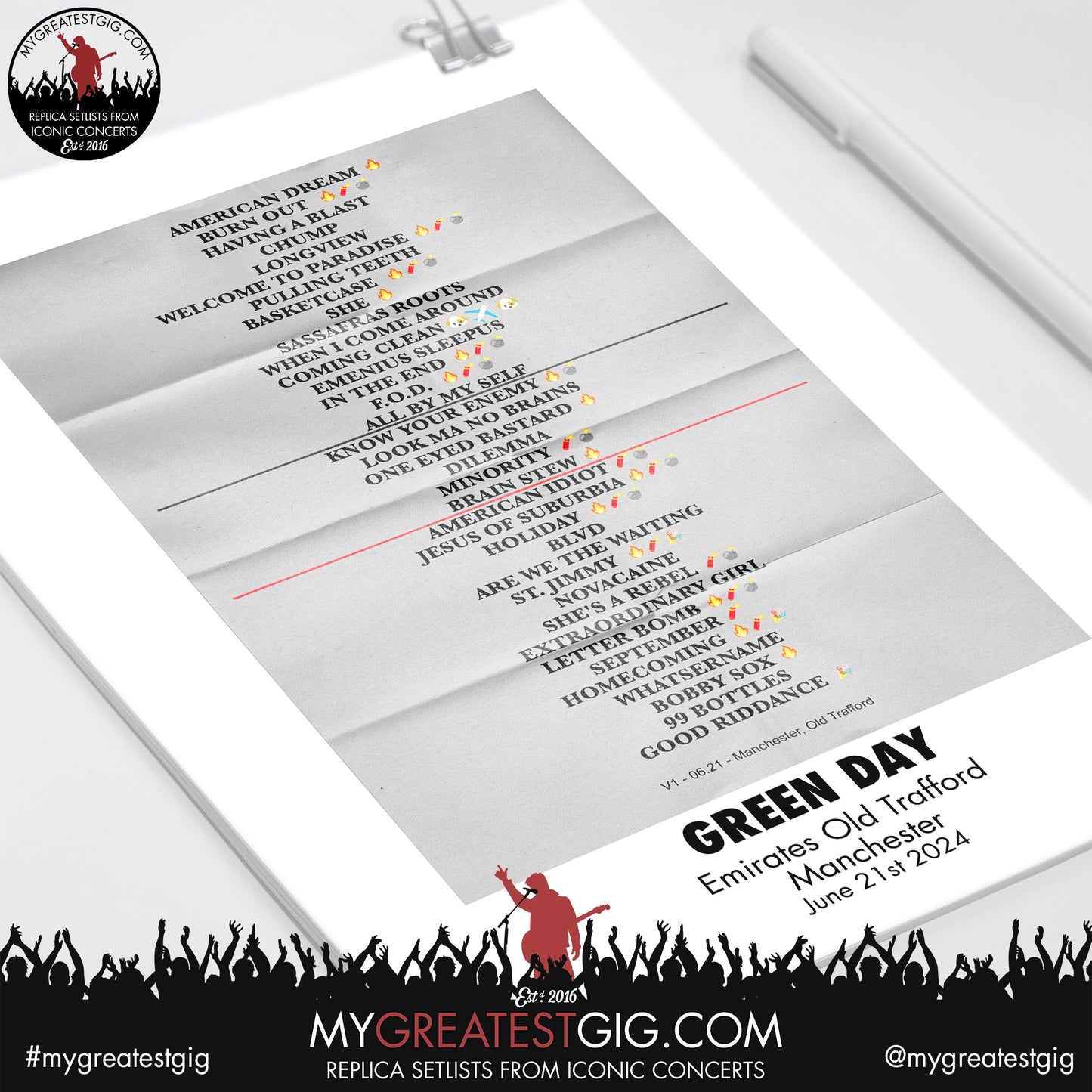 Green Day - Manchester - June 21st 2024 Replica Setlist Poster