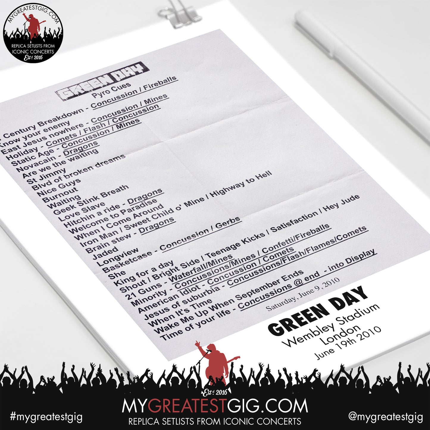 Green Day - London - June 19th 2010 Replica Setlist Poster
