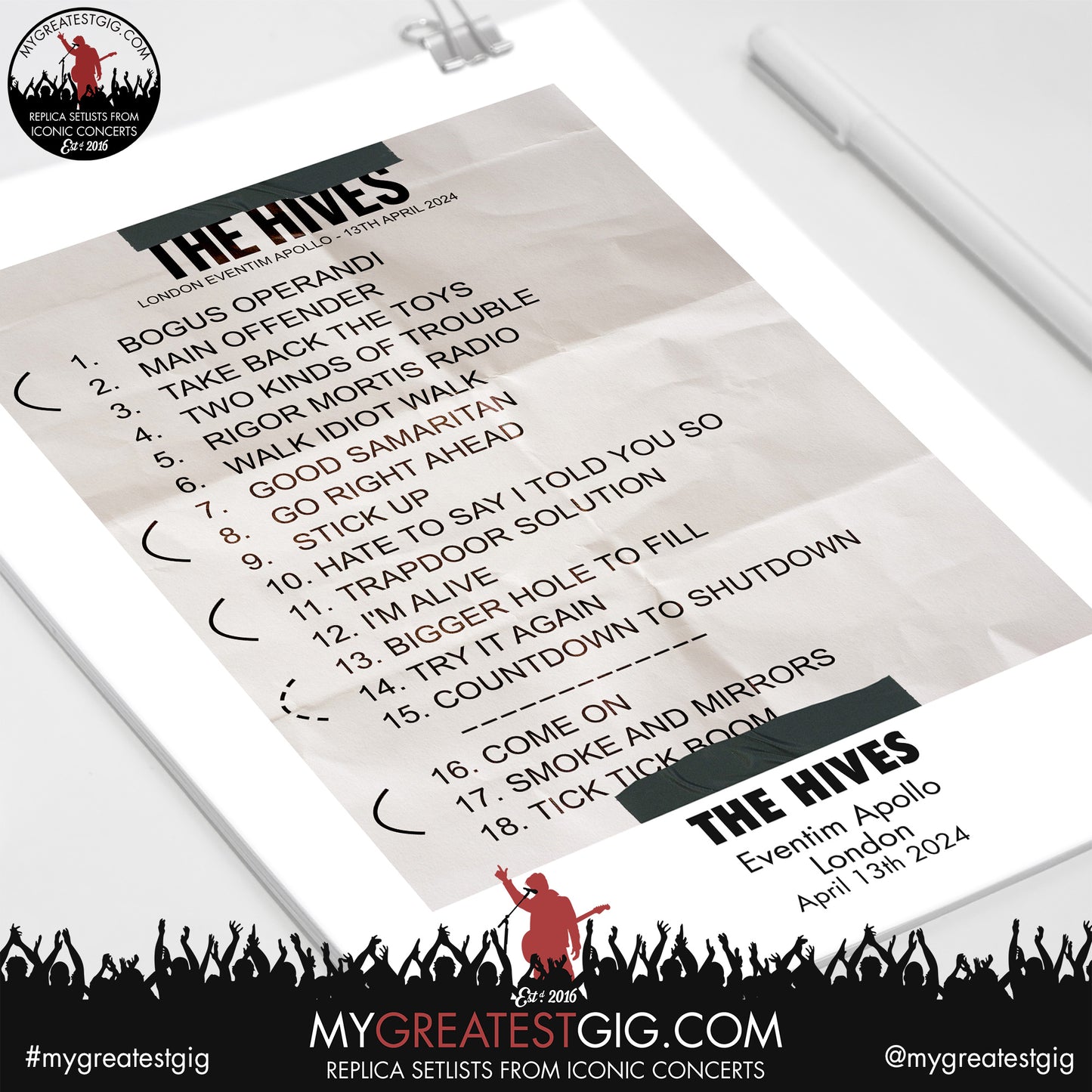 The Hives - London - April 13th 2024 Replica Setlist Poster