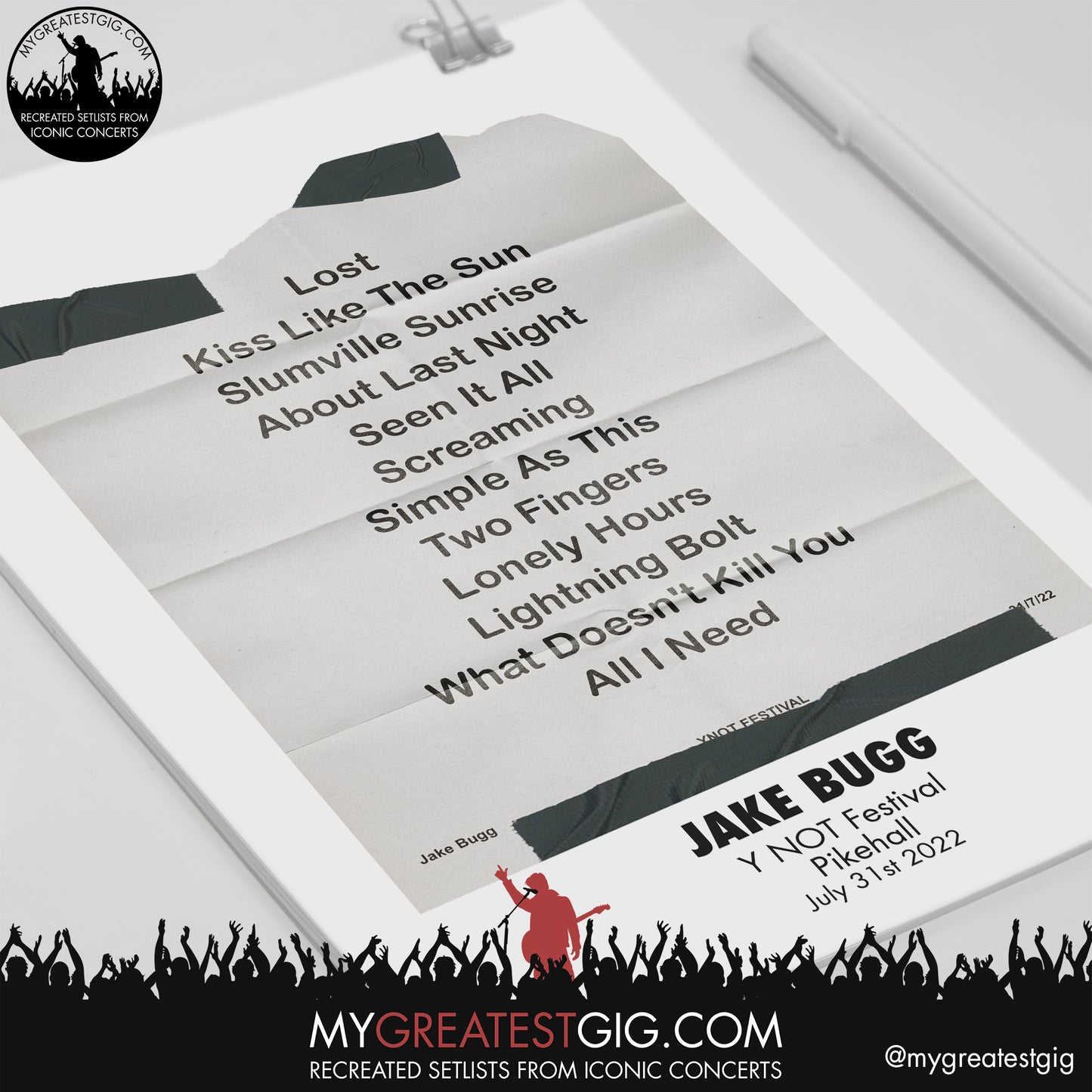 Jake Bugg - Y NOT Festival - July 31st 2022 Replica Setlist Poster