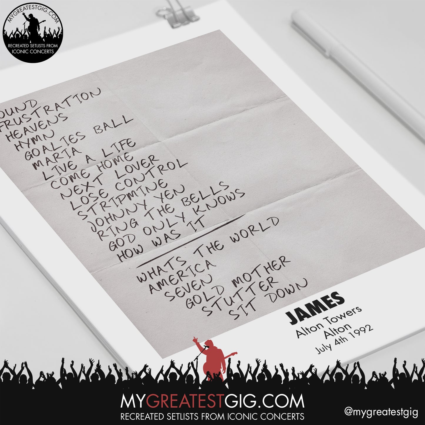 James - Alton Towers - July 4th 1992 Recreated Setlist Poster