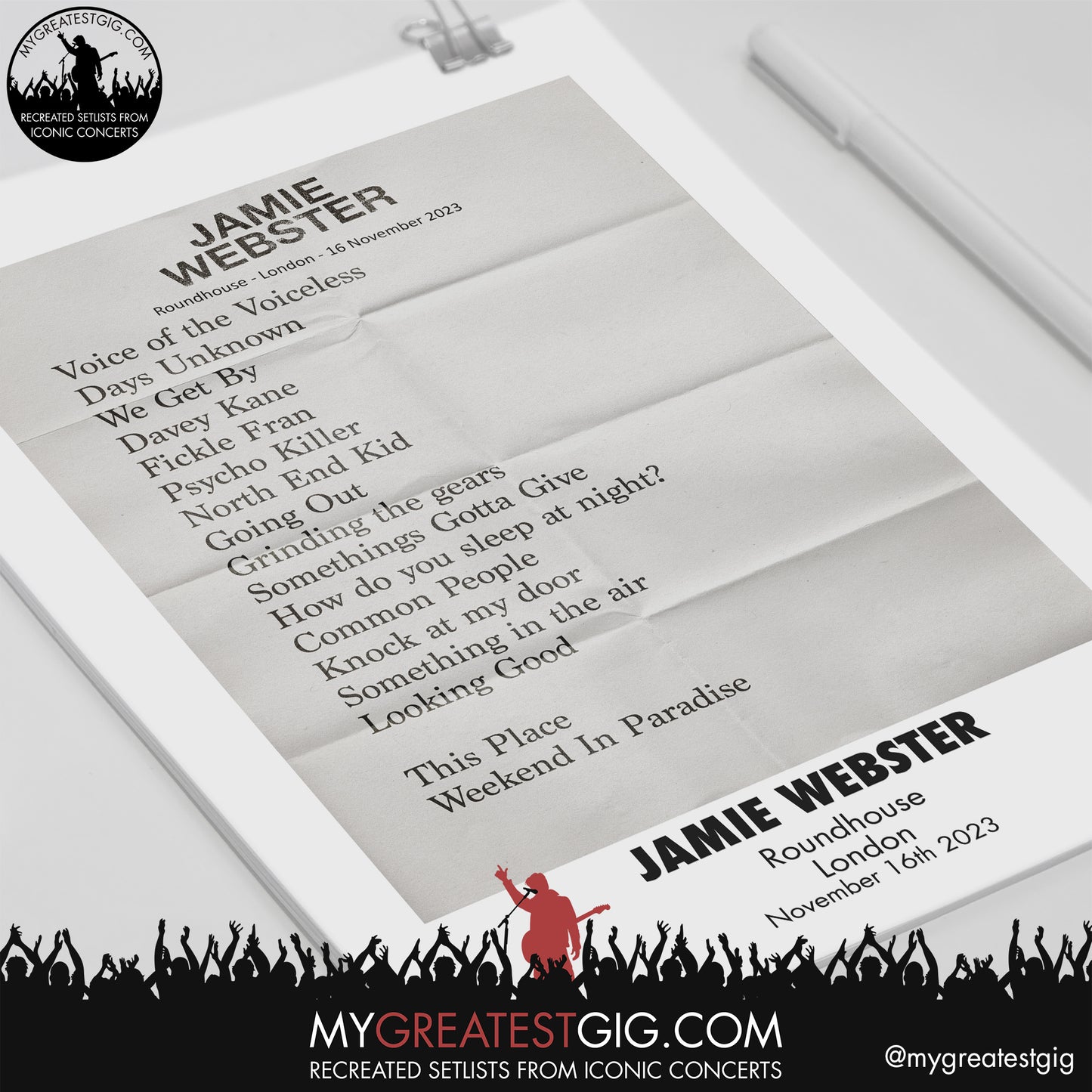 Jamie Webster - London - November 16th 2023 Recreated Setlist Poster