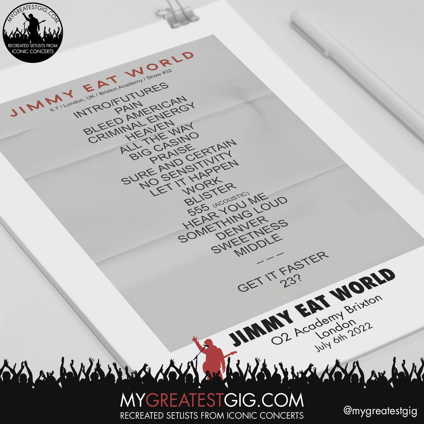 Jimmy Eat World - London - July 6th 2022 Replica Setlist Poster
