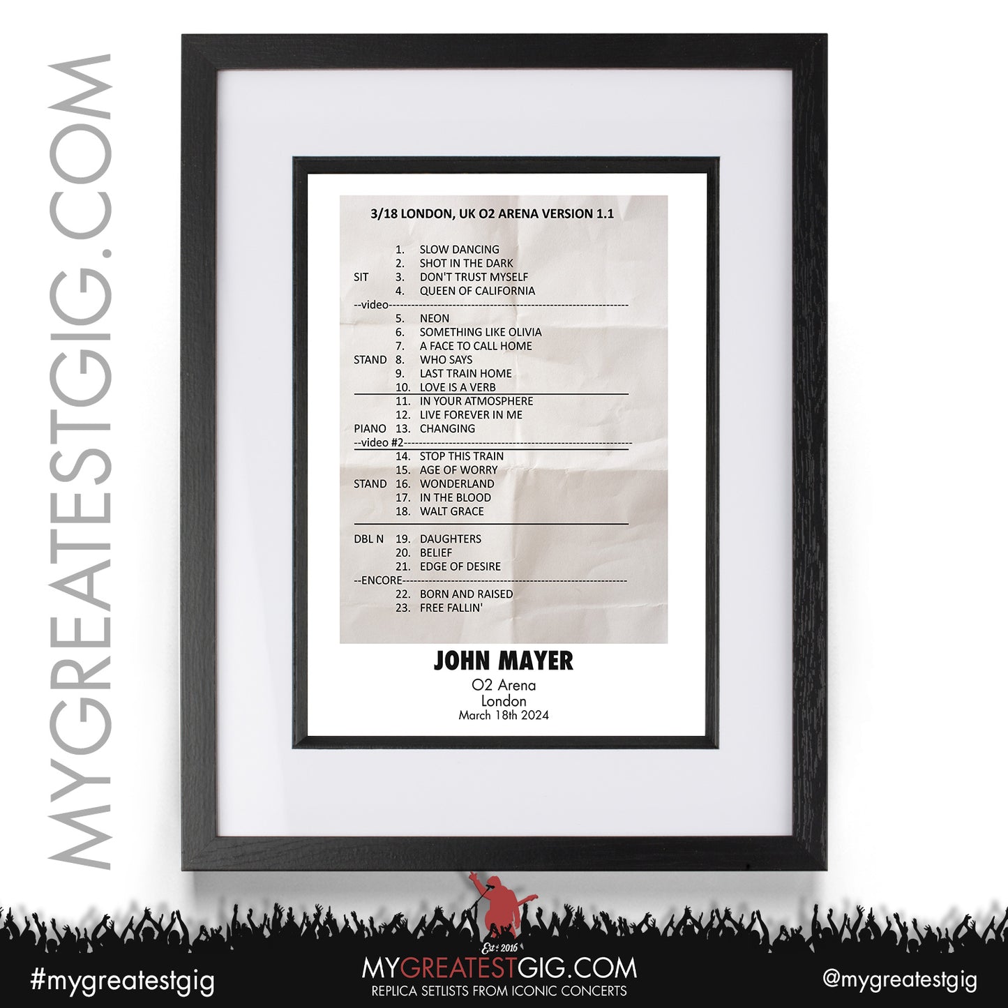 John Mayer - London - March 18th 2024 Replica Setlist Poster