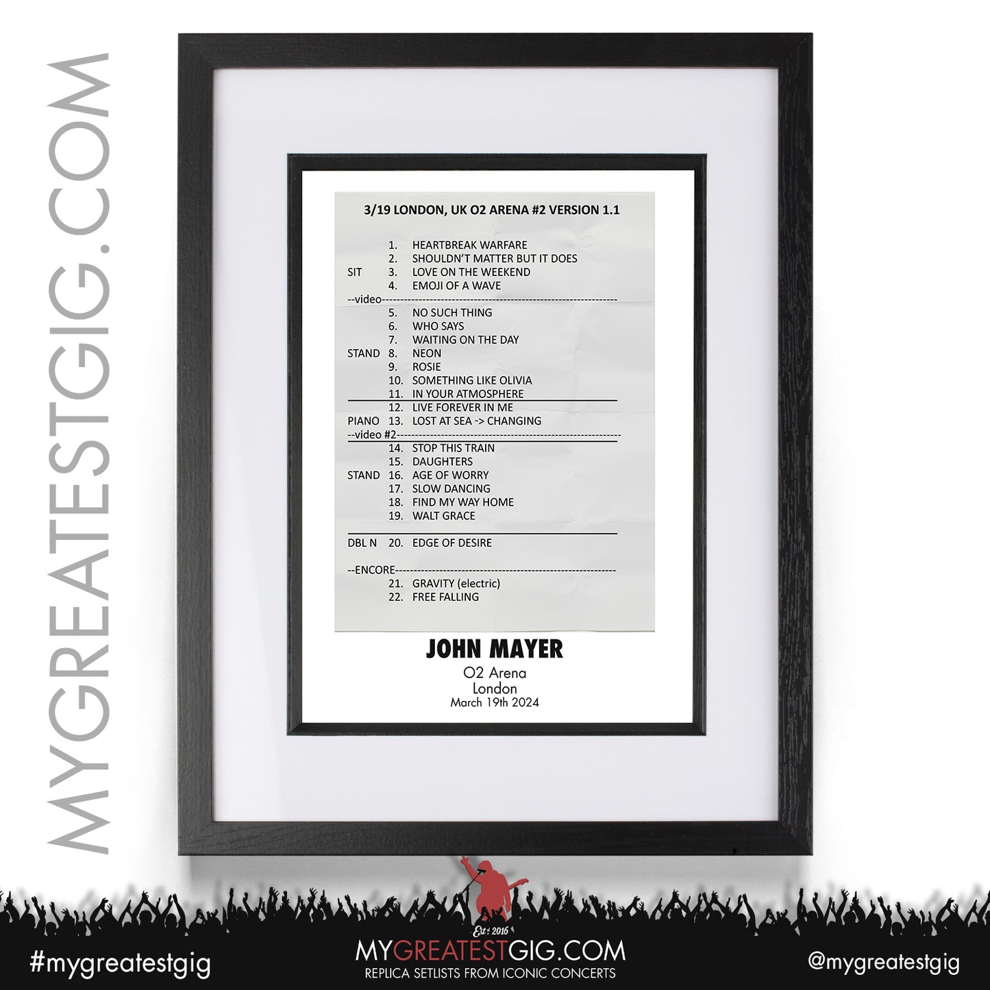 John Mayer - London - March 19th 2024 Replica Setlist Poster