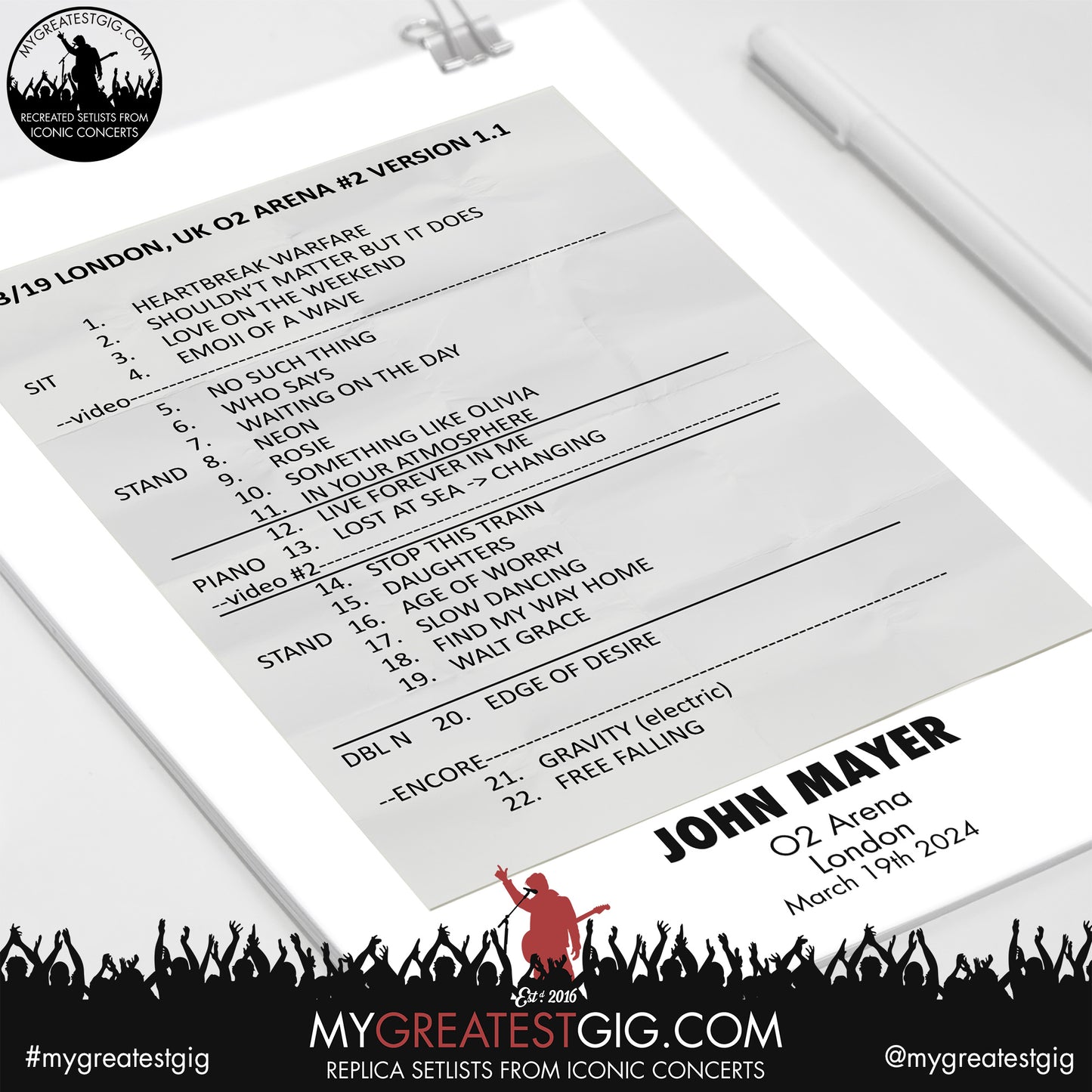 John Mayer - London - March 19th 2024 Replica Setlist Poster