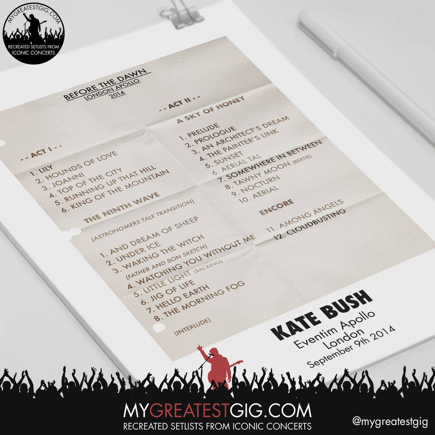 Kate Bush - London - September 9th 2014 Recreated Setlist Poster