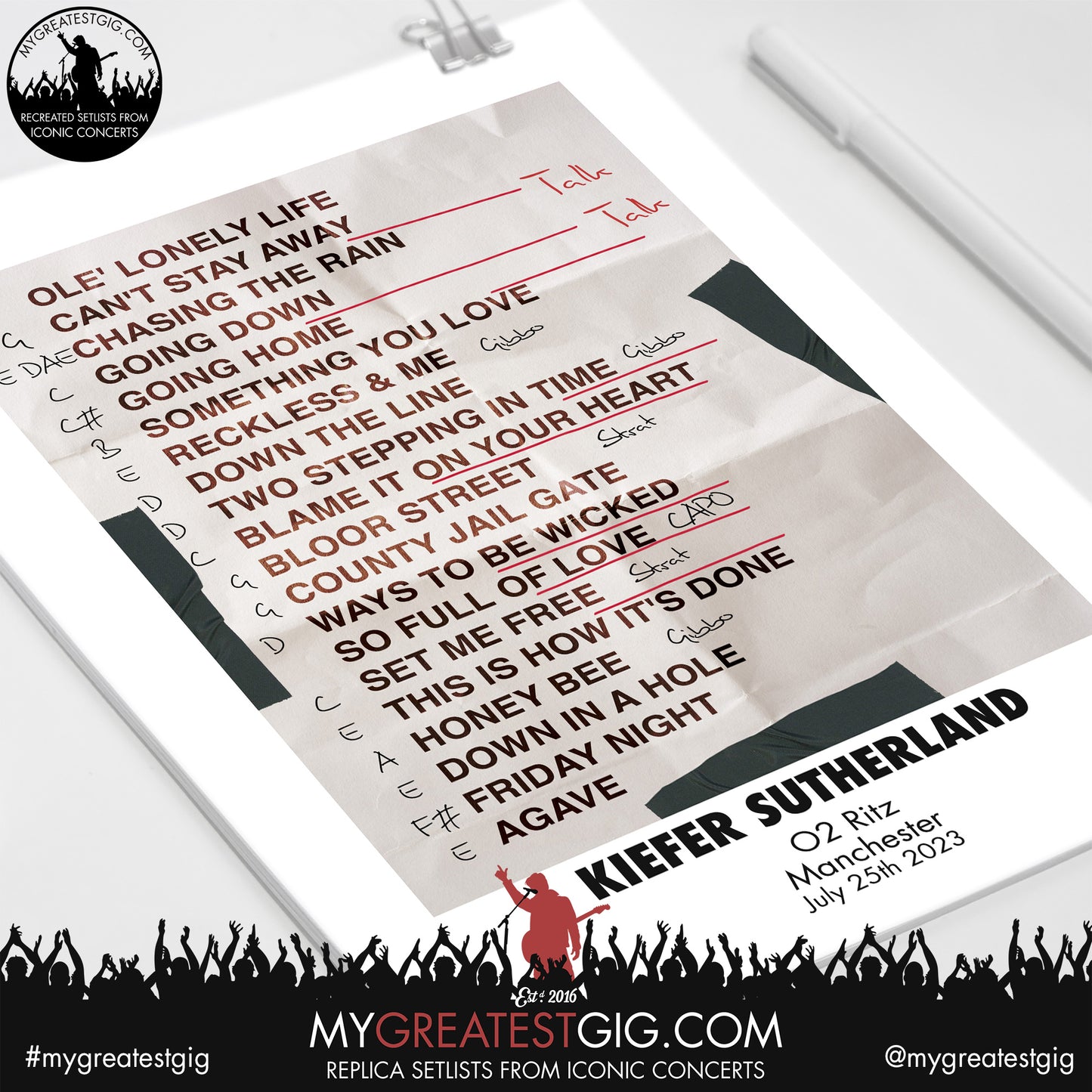 Kiefer Sutherland - Manchester - July 25th 2023 Replica Setlist Poster