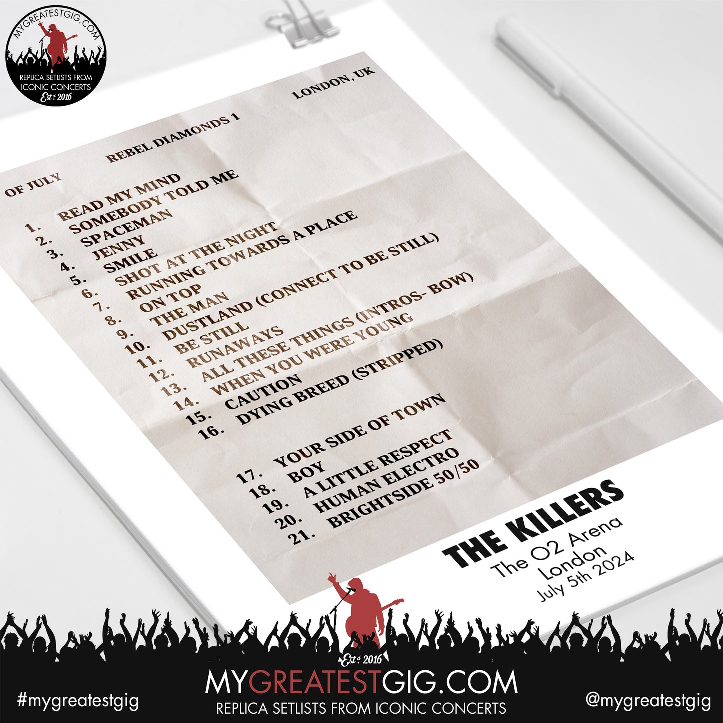 The Killers - London - July 4th / 5th / 7th / 8th / 10th / 11th 2024 Replica Setlist Poster