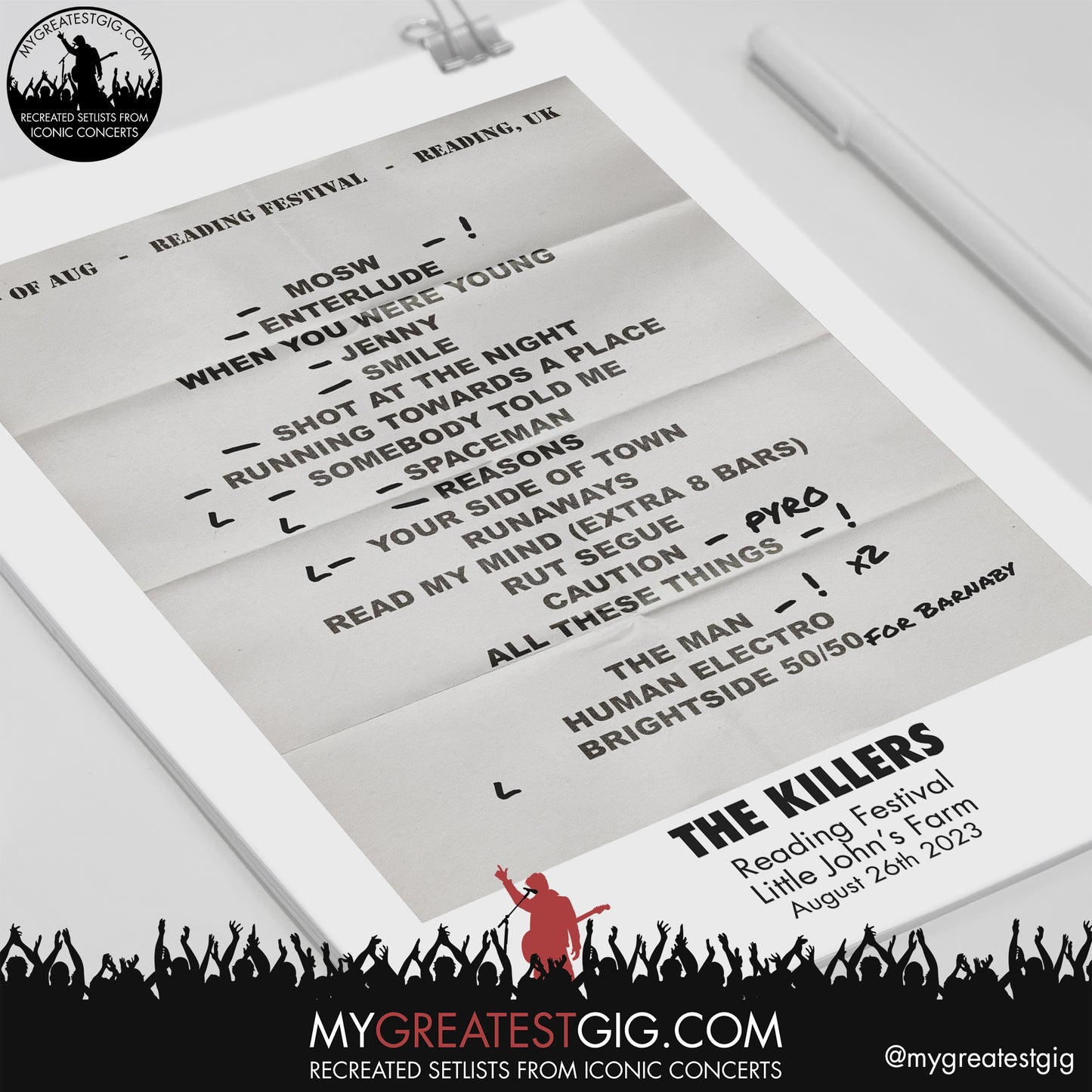 The Killers - Reading Festival - August 26th 2023 Recreated Setlist Poster