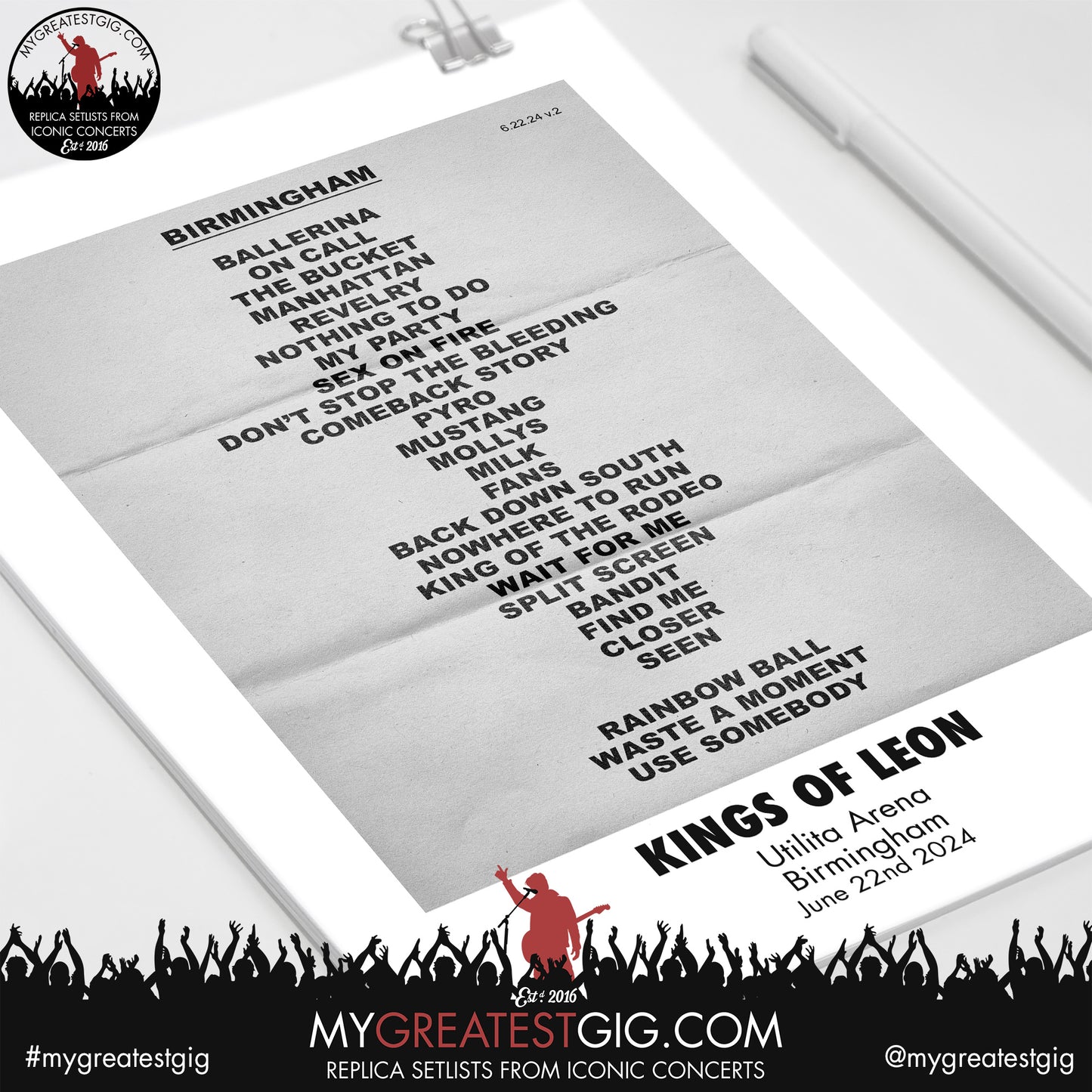 Kings Of Leon - Birmingham - June 22nd 2024 Replica Setlist Poster