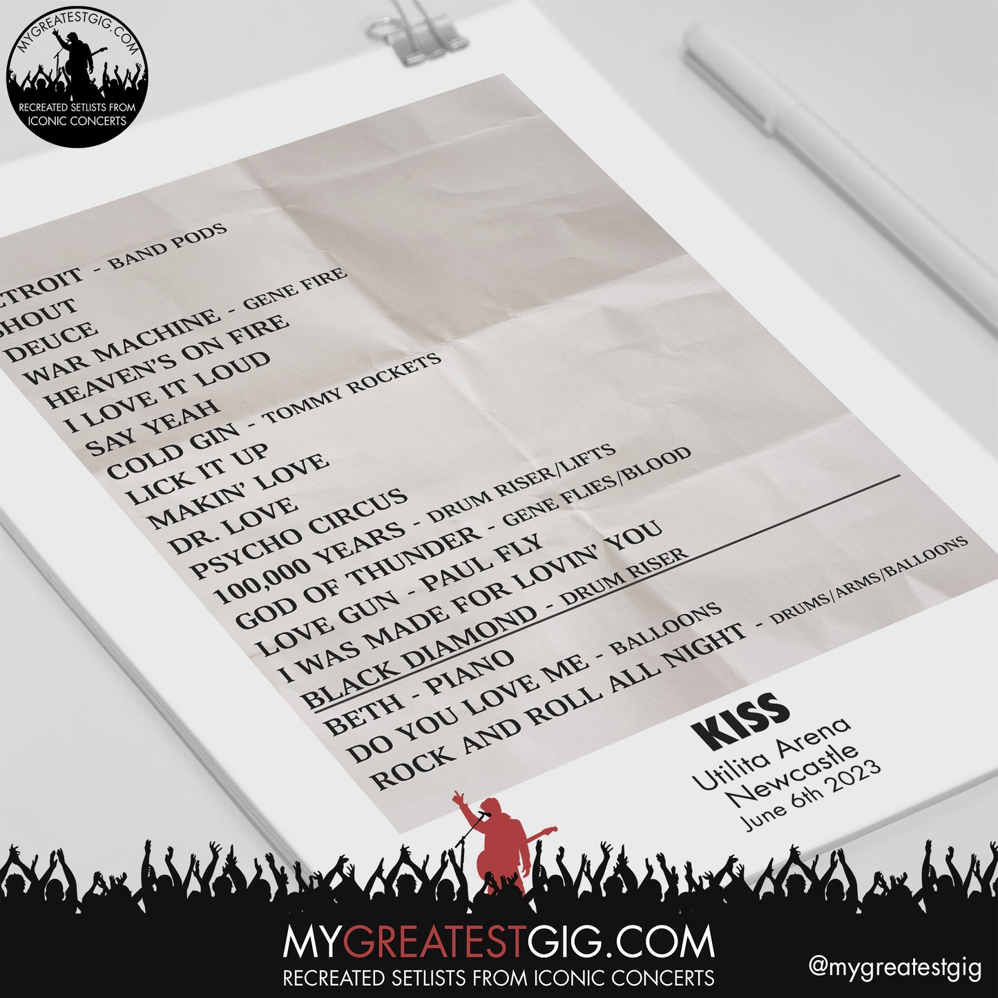Kiss - Newcastle - June 6th 2023 Recreated Setlist Poster