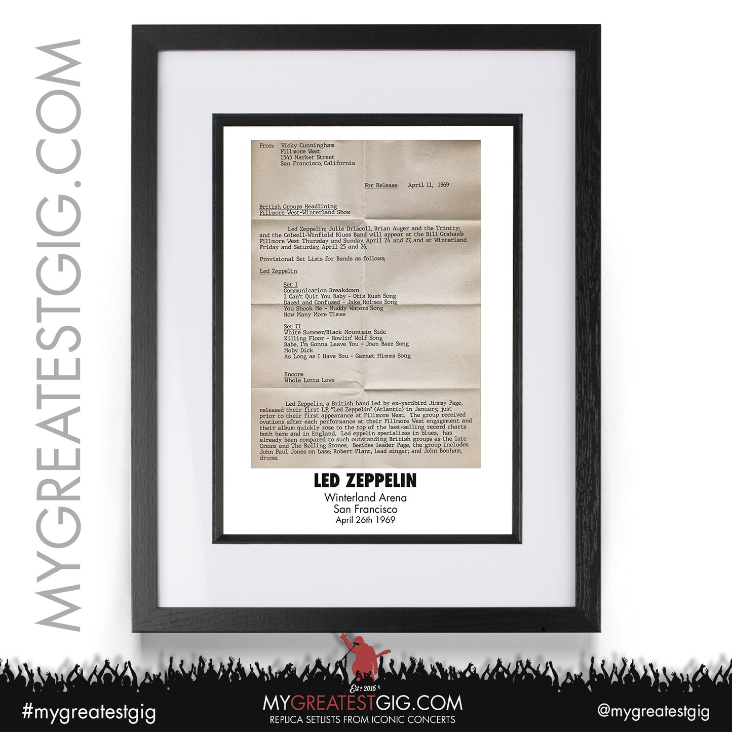 Led Zeppelin - San Francisco - April 26th 1969 Replica Setlist Poster