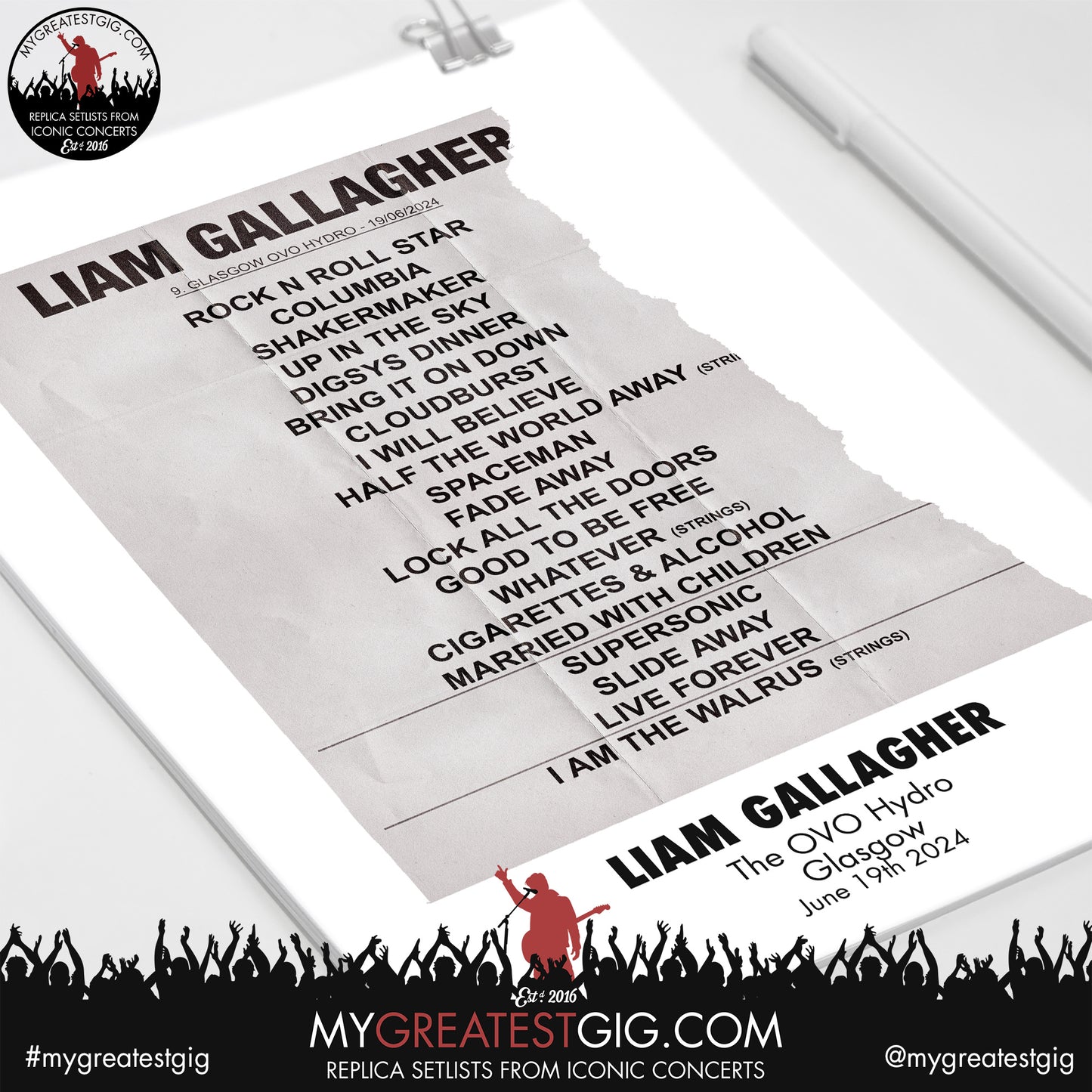 Liam Gallagher - Glasgow - June 19th/20th 2024 Replica Setlist Poster