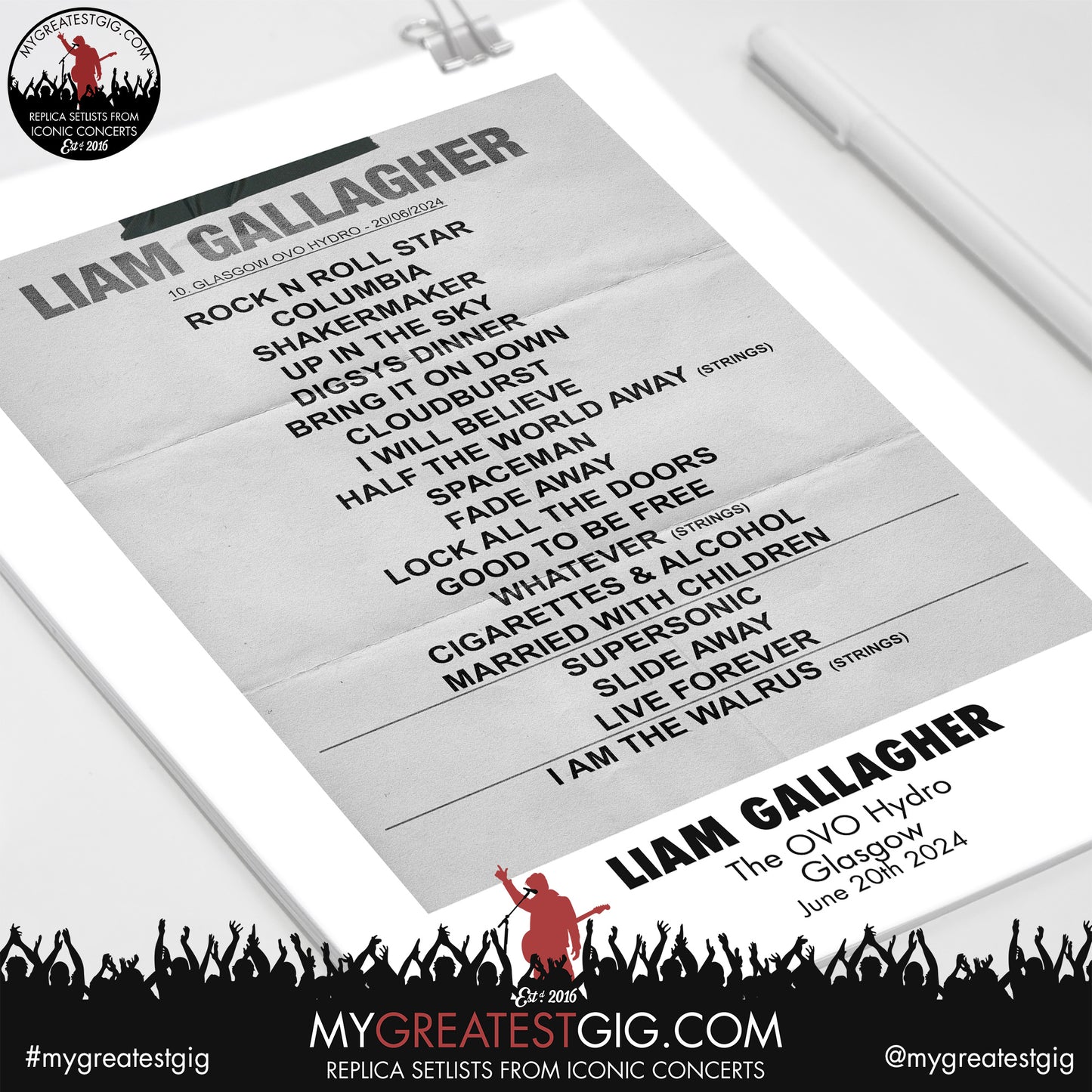 Liam Gallagher - Glasgow - June 19th/20th 2024 Replica Setlist Poster