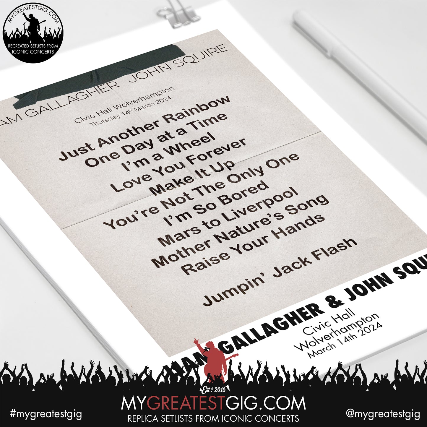 Liam Gallagher & John Squire - Wolverhampton - March 14th 2024 Replica Setlist Poster