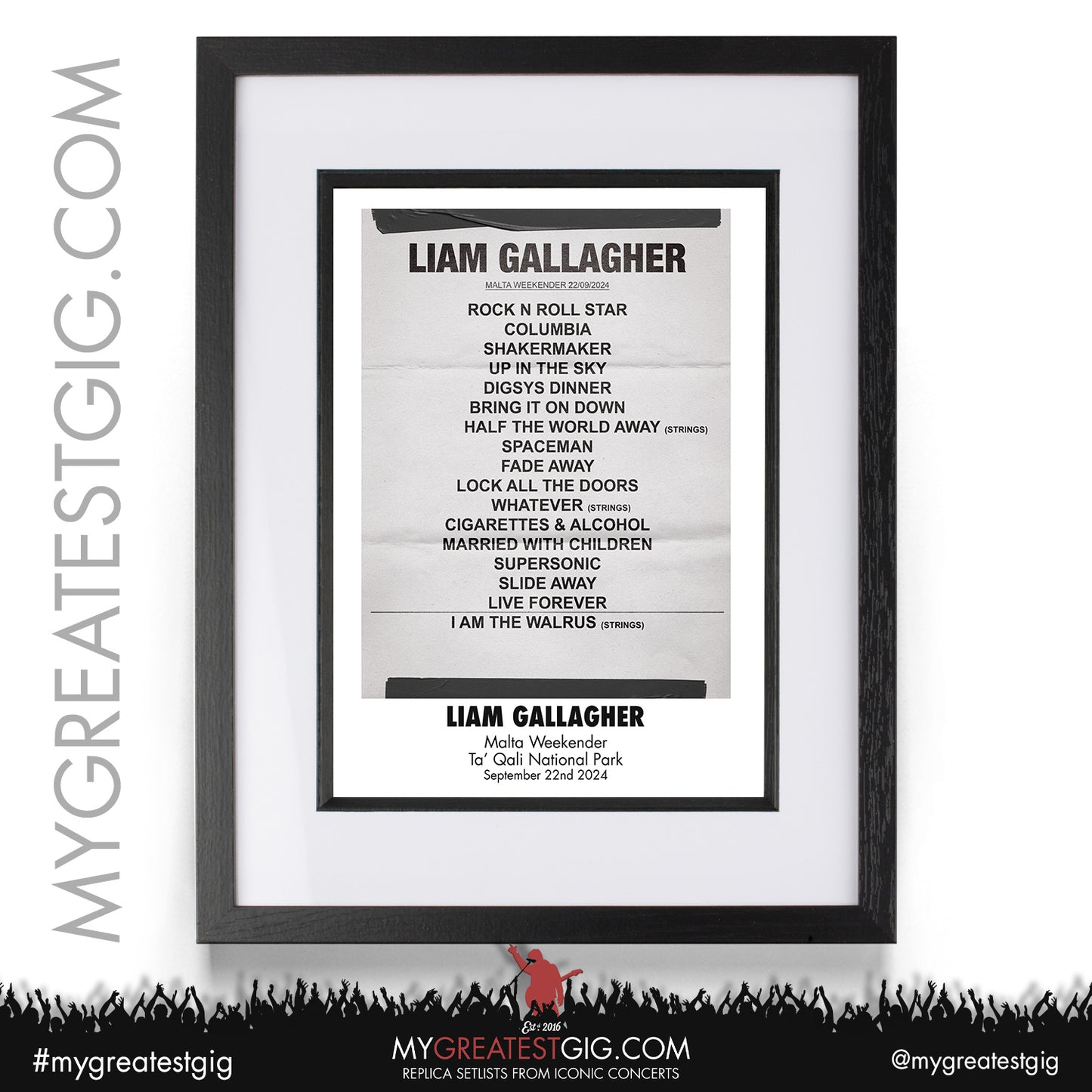 Liam Gallagher - Malta Weekender - September 22nd 2024 Replica Setlist Poster