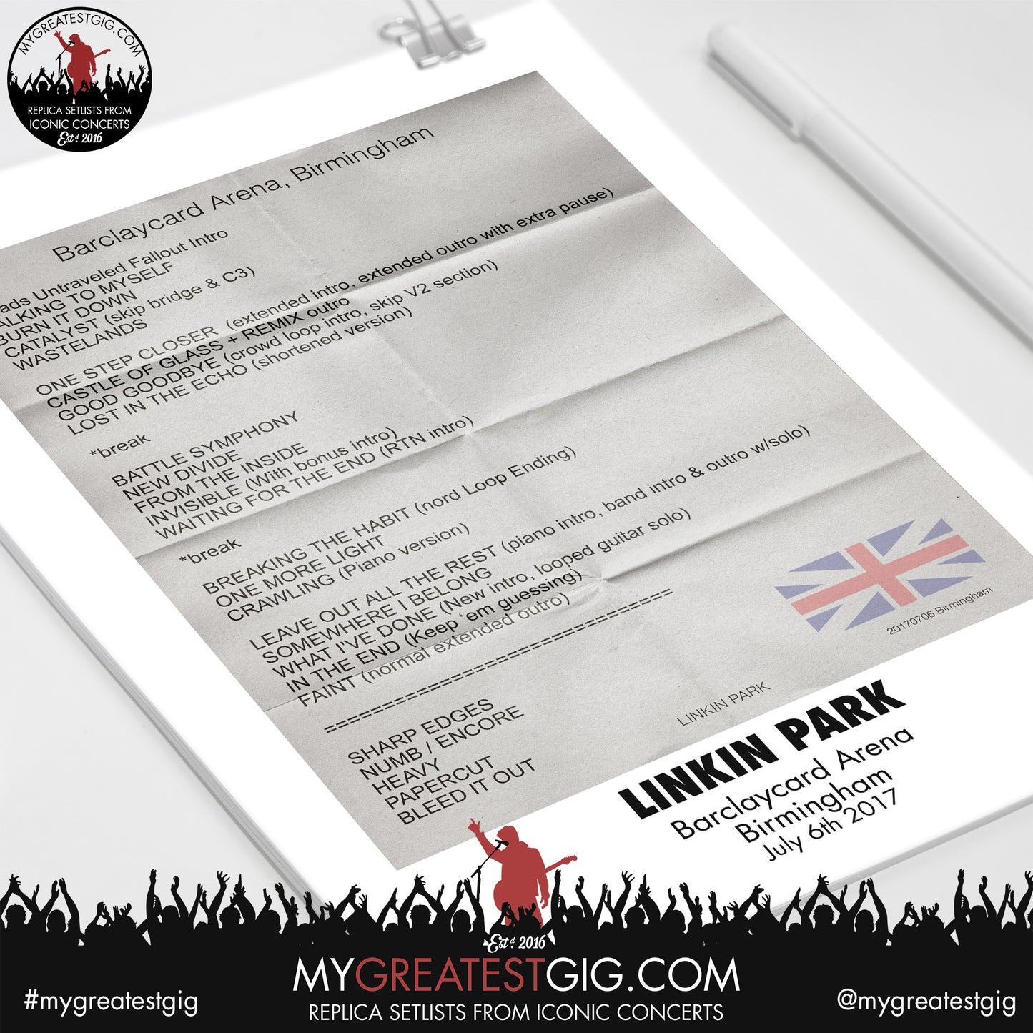 Linkin Park - Birmingham - July 6th 2017 Replica Setlist Poster