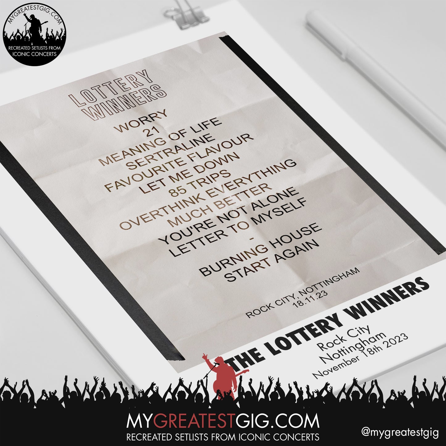 Lottery Winners - Nottingham - November 18th 2023 Replica Setlist Poster