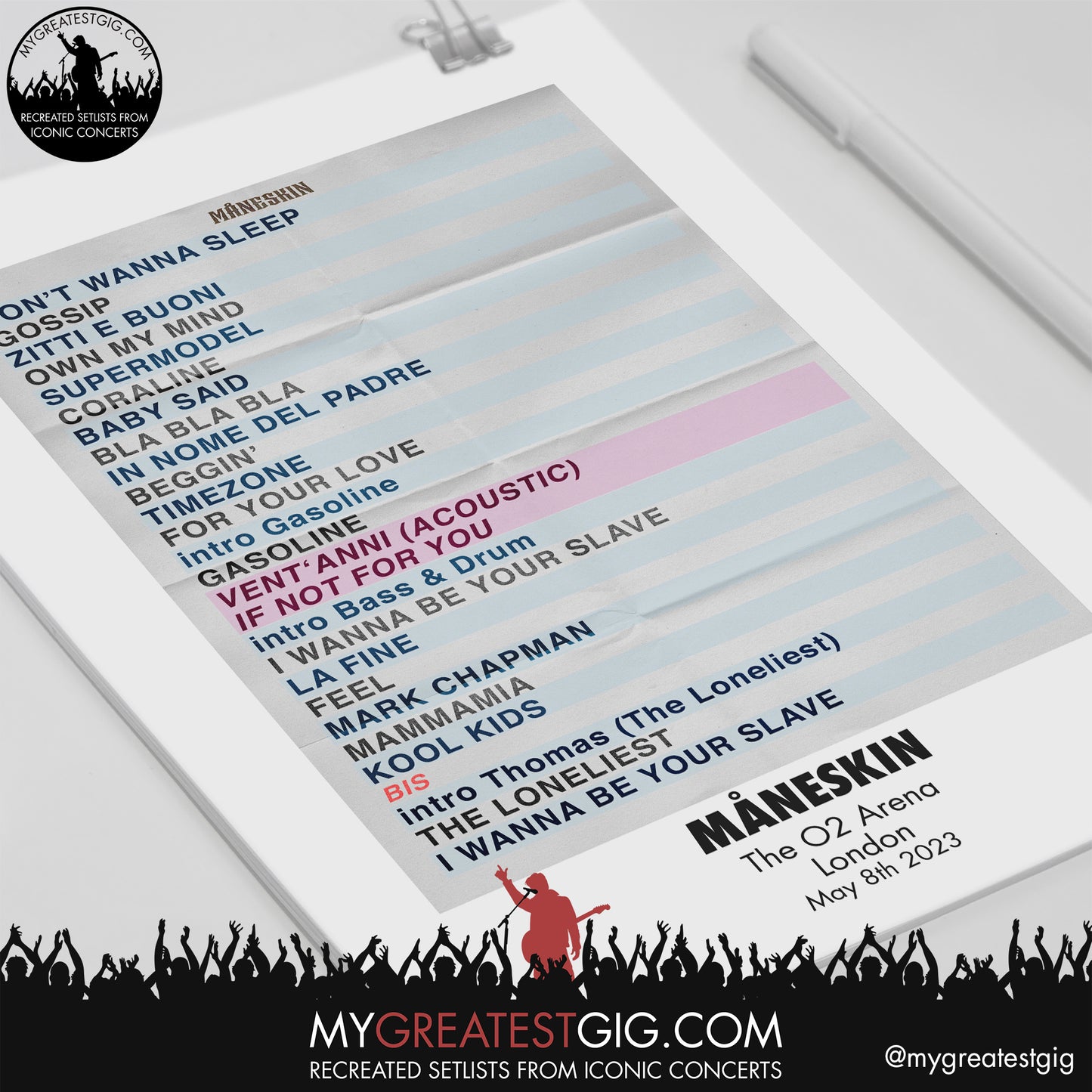 Måneskin - London - May 8th 2023 Replica Setlist Poster