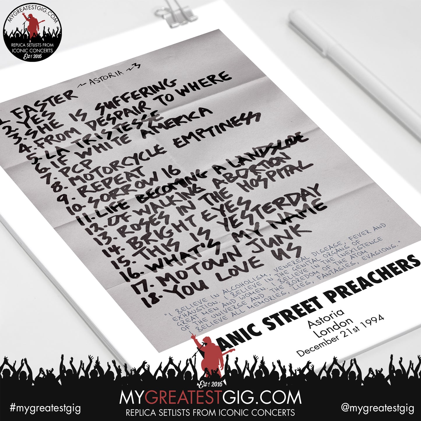 Manic Street Preachers - London - December 21st 1994 Replica Setlist Poster