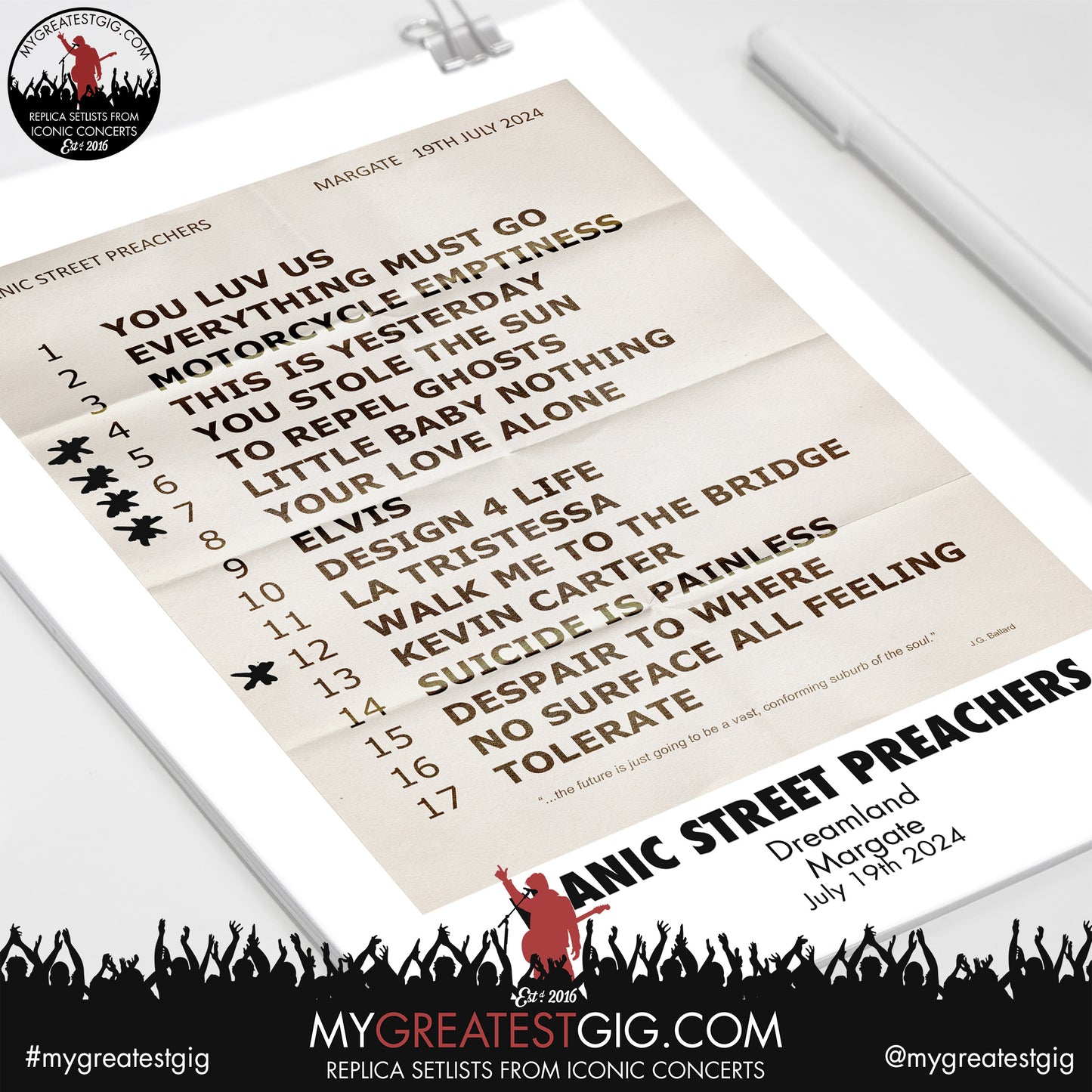 Manic Street Preachers - Margate - July 19th 2024 Replica Setlist Poster