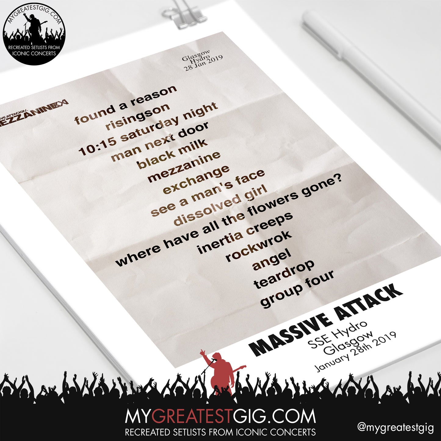 Massive Attack - Glasgow - January 28th 2019 Replica Setlist Poster