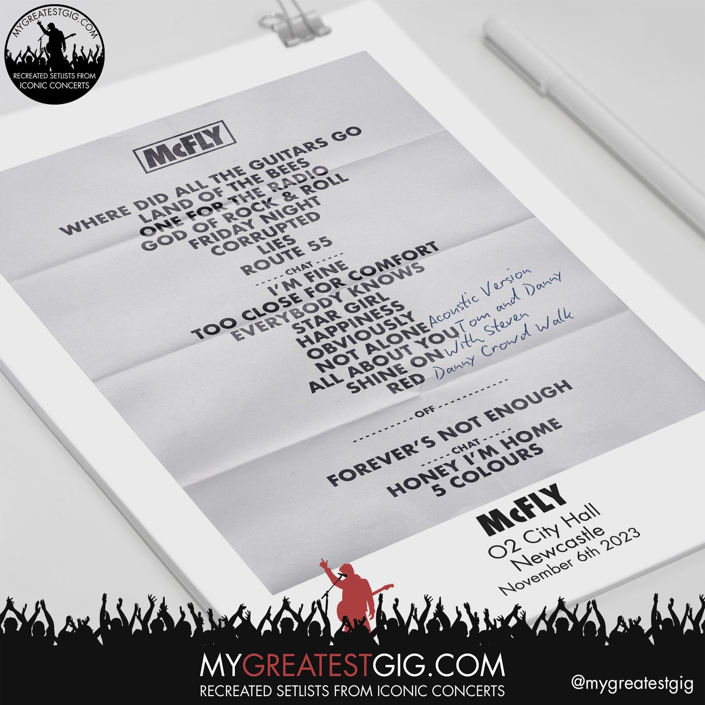 McFly - Newcastle - November 6th 2023 Recreated Setlist Poster