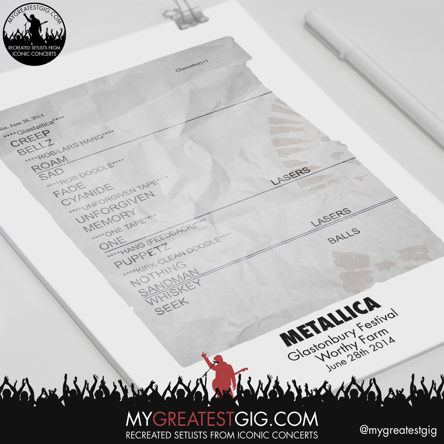 Metallica - Glastonbury Festival - June 28th 2014 Recreated Setlist Poster