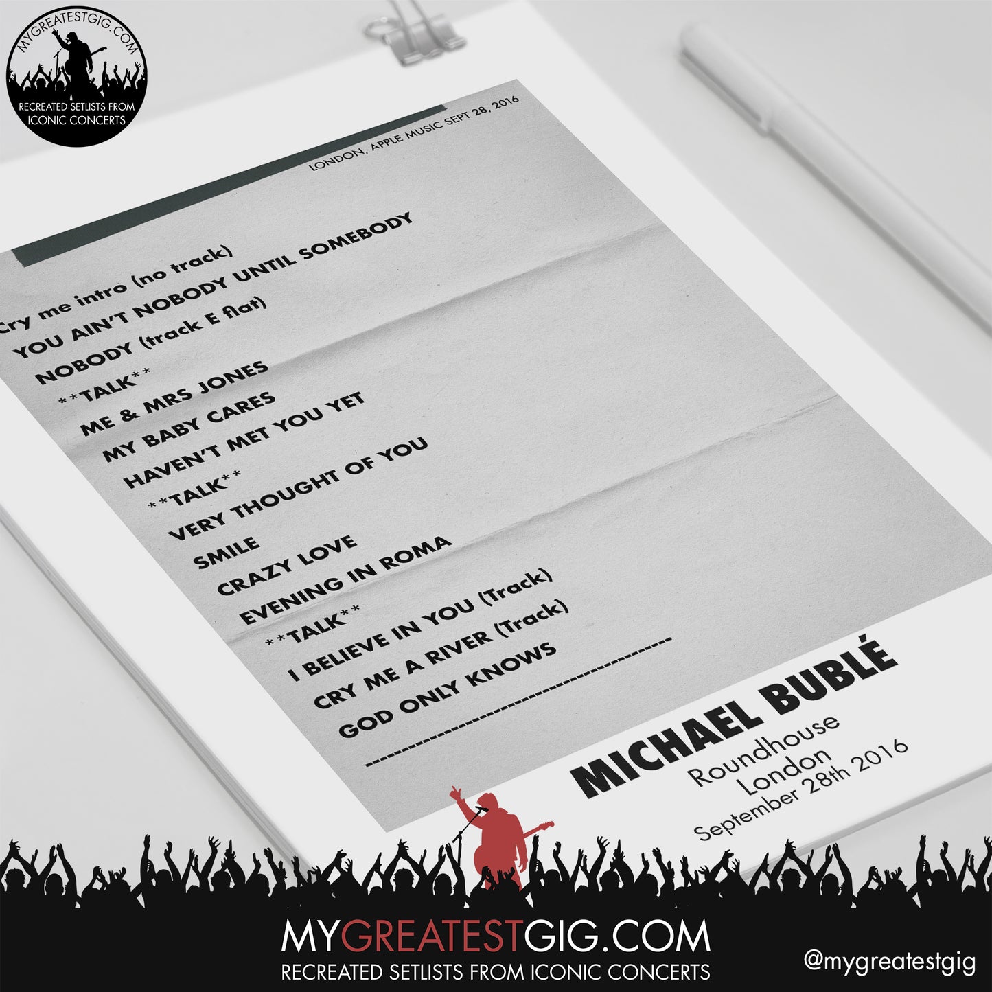 Michael Bublé - London - September 28th 2016 Recreated Setlist Poster