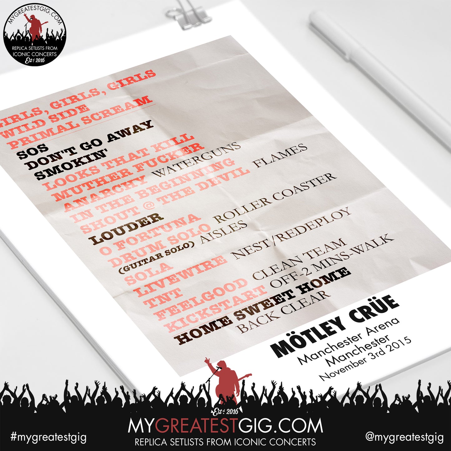 Mötley Crüe - Manchester - November 3rd 2015 Replica Setlist Poster