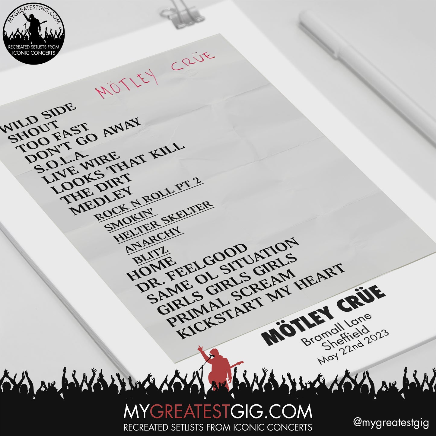 Mötley Crüe - Sheffield - May 22nd 2023 Recreated Setlist Poster