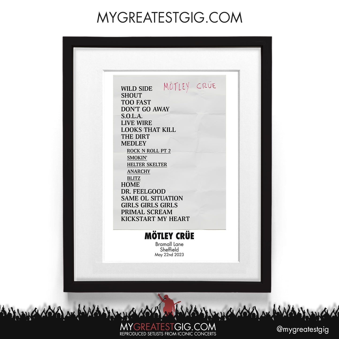 Mötley Crüe - Sheffield - May 22nd 2023 Recreated Setlist Poster