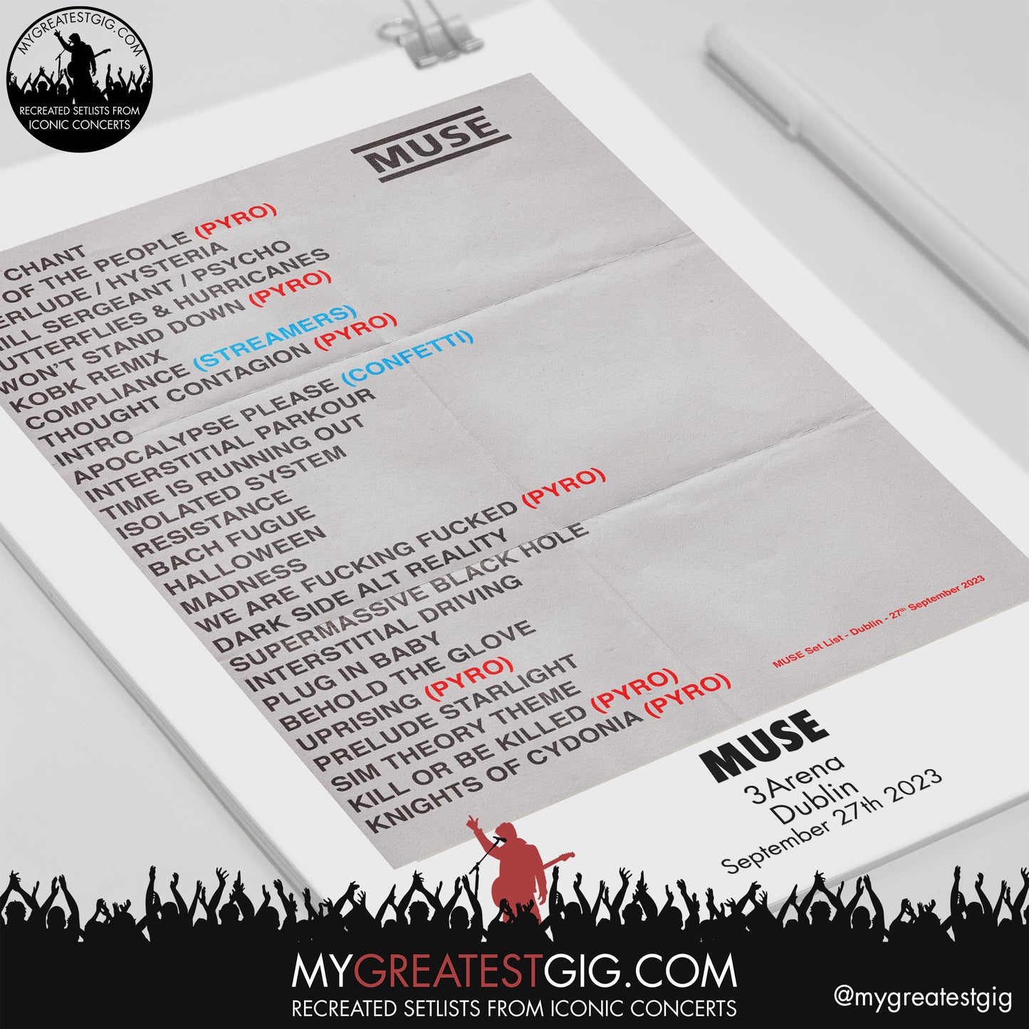 Muse - Dublin - September 27th 2023 Recreated Setlist Poster
