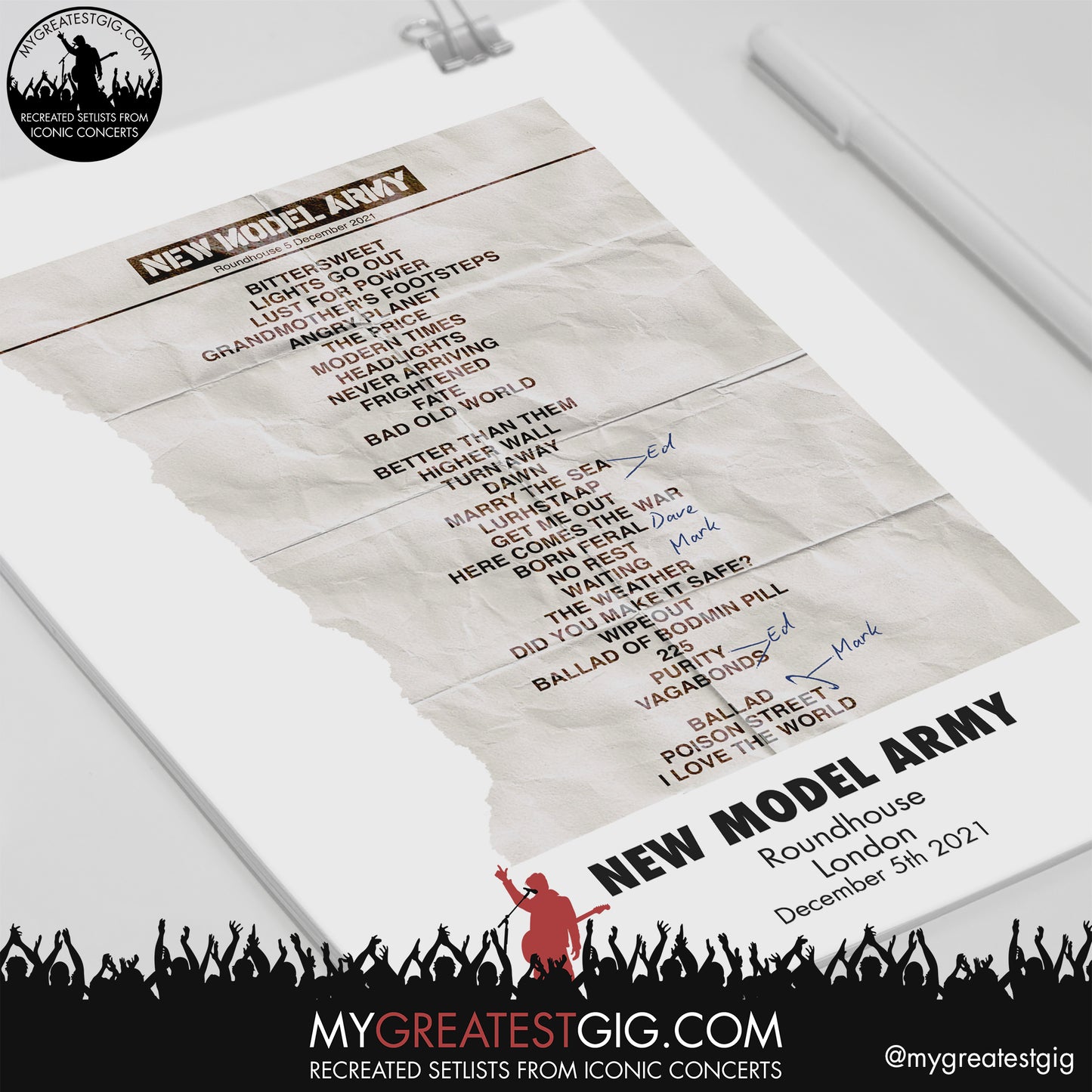 New Model Army - London - December 5th 2021 Recreated Setlist Poster