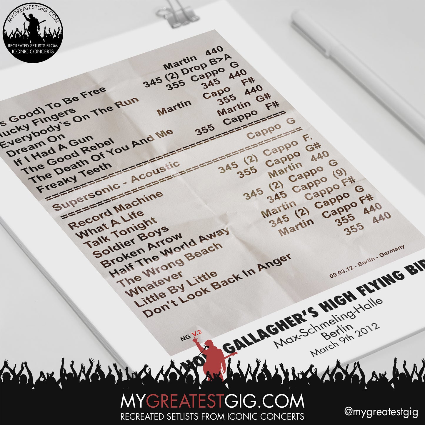 Noel Gallagher's High Flying Birds - Berlin - March 9th 2012 Recreated Setlist Poster
